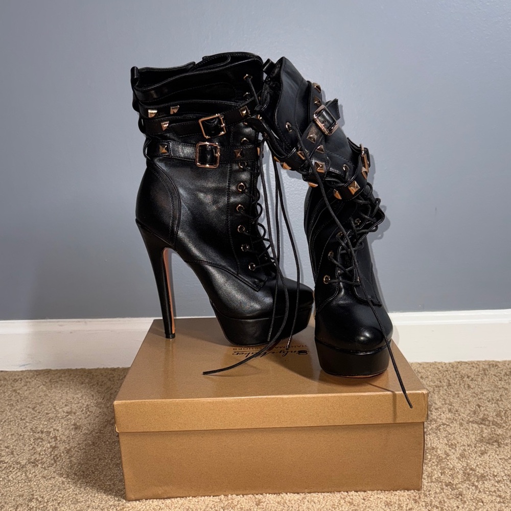 Black Studded Lace-Up Platform Ankle Boots with Buckle Straps